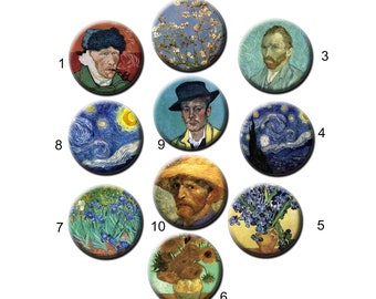 Vincent Van Gogh Metal Pin Back Buttons. 1&quot; or 1.5&quot; Sizes. Ten Different Choices. (Set Nº 1)