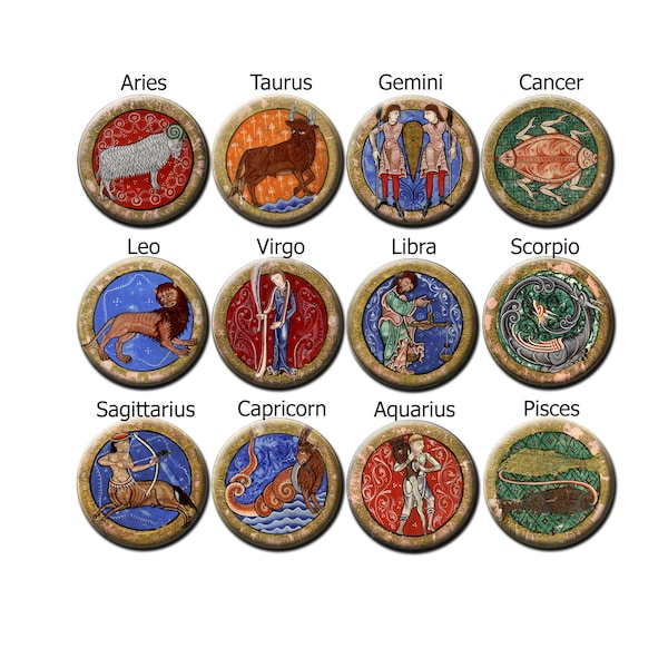 Zodiac Signs Metal Pin Back Buttons, Medieval Manuscript Astrological Signs. 12 Choices. 1" or 1.5" Sizes