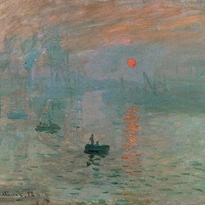 Puede incluir: Una pintura que representa una salida de sol brumosa sobre una masa de agua, con un peque&ntilde;o bote en primer plano. El cielo es de un naranja p&aacute;lido y el agua es de un azul claro. El sol es un c&iacute;rculo naranja brillante en el cielo.