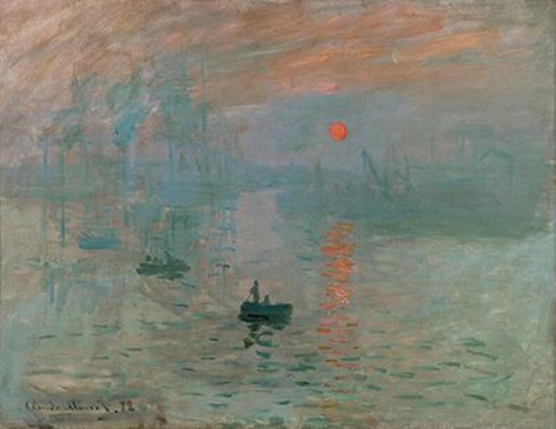 Puede incluir: Una pintura que representa una salida de sol brumosa sobre una masa de agua, con un peque&ntilde;o bote en primer plano. El cielo es de un naranja p&aacute;lido y el agua es de un azul claro. El sol es un c&iacute;rculo naranja brillante en el cielo.