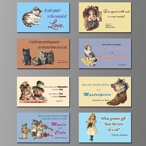 May include: A collection of eight vintage-style postcards featuring illustrations of cats with quotes about cats and love. The postcards have various backgrounds, including blue, brown, and yellow, with text in different fonts and colors.
