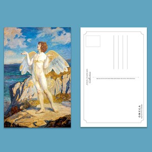 Puede incluir: Una pintura de una figura alada de pie en una costa rocosa. La figura est&aacute; desnuda y tiene el pelo largo y suelto. La figura est&aacute; mirando hacia arriba al cielo, que es de un azul brillante con nubes blancas. El mar es de un azul profundo y las olas rompen en la costa. La pintura es de estilo realista y los colores son vibrantes.