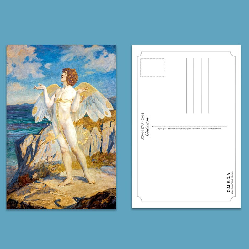 Puede incluir: Una pintura de una figura alada de pie en una costa rocosa. La figura est&aacute; desnuda y tiene el pelo largo y suelto. La figura est&aacute; mirando hacia arriba al cielo, que es de un azul brillante con nubes blancas. El mar es de un azul profundo y las olas rompen en la costa. La pintura es de estilo realista y los colores son vibrantes.