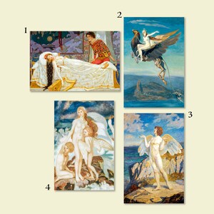 Puede incluir: Cuatro pinturas que representan escenas mitol&oacute;gicas. La primera muestra a una mujer durmiendo en una cama, la segunda muestra a una mujer montando una criatura alada, la tercera muestra a una mujer con alas de pie sobre una roca, y la cuarta muestra a una mujer y dos ni&ntilde;os de pie sobre una roca con un cisne.