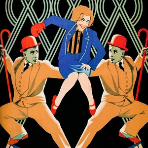 May include: A vintage movie poster for the film "The Doll with Millions" featuring a woman in a blue suit and red shoes sitting on the shoulders of two men in brown suits and red hats. The poster has a black background with green and white stripes.