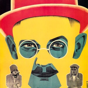 May include: A vintage movie poster for the film "Sold Appetite" with a yellow background and a large, stylized illustration of a man's face wearing a red hat and round glasses. The poster also features two smaller illustrations of people in the bottom corners.