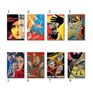 May include: A set of eight vintage movie posters with bold colors and geometric designs. The posters feature images of people, buildings, and abstract shapes. The text on the posters is in Russian and English.