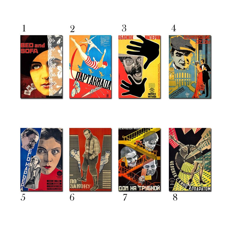 May include: A set of eight vintage movie posters with bold colors and geometric designs. The posters feature images of people, buildings, and abstract shapes. The text on the posters is in Russian and English.