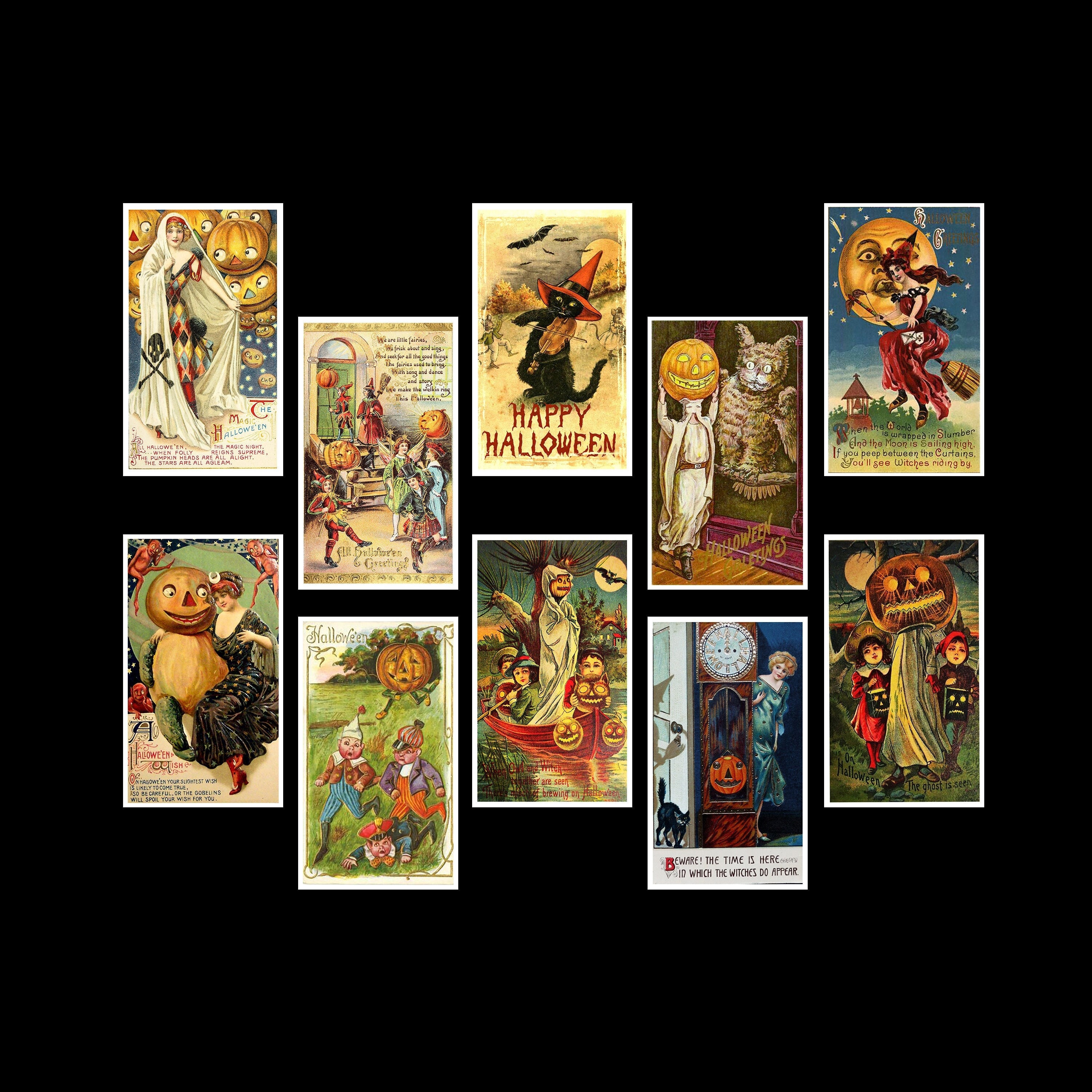 Vintage Halloween Vinyl Stickers, Decals. Glossy, Waterproof Paper.  Set of All Ten. (Set Nº 1)