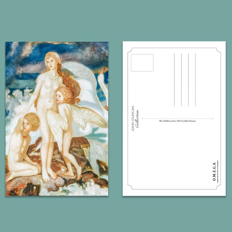 Puede incluir: Una postal vintage con una pintura de tres figuras, dos con alas, de pie en una costa rocosa con un cisne. La pintura se titula "The Children of Lir, 1904" de John Duncan.