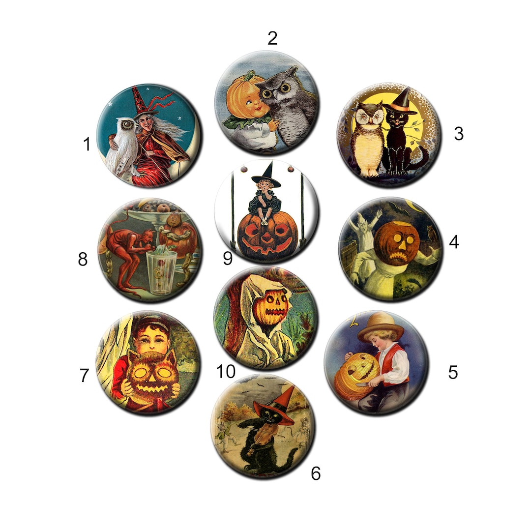 Set of 10 Vintage Halloween Metal Pin Back Buttons. 1" (25mm) or 1.5 ...