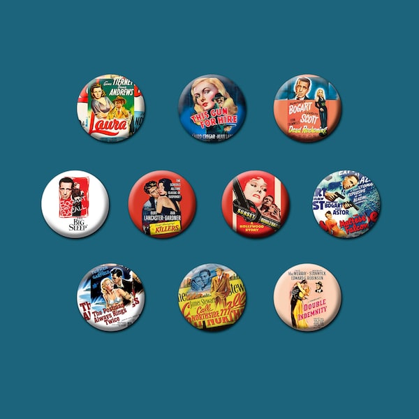 Classic Film Noir Movie Posters on Pin Back Buttons.  1" or 1.5". Ten Different Choices. Set Nº1