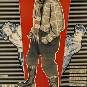 May include: A vintage movie poster for the film "По Закону" (By Law) featuring a man in a plaid shirt and a scarf, a woman with her mouth open in a scream, and a man with a mustache. The poster is in red, black, and white.