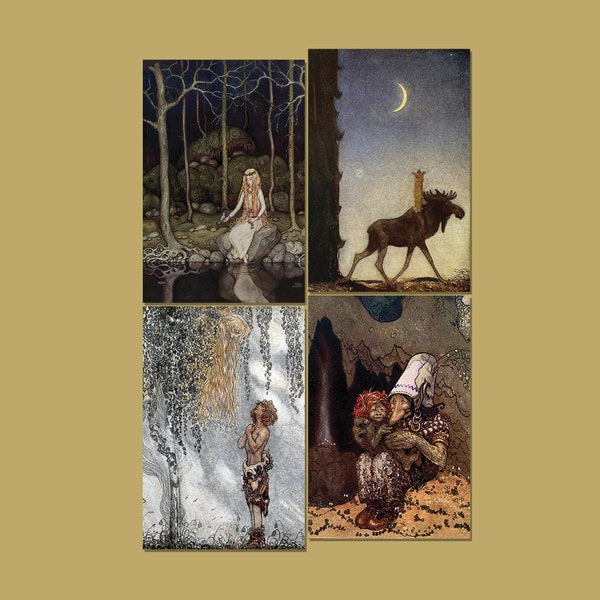Swedish Folklore by John Bauer Postcards, 4"x6” on Matte or Glossy Archival Paper. Mini Art. Four Different Choices or Set. (Set Nº 1)