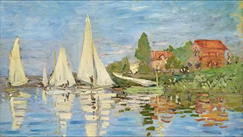 Puede incluir: Una pintura de un cielo azul brillante con veleros blancos en una masa de agua. Los veleros est&aacute;n en primer plano de la pintura, y una casa con techo rojo est&aacute; en el fondo.