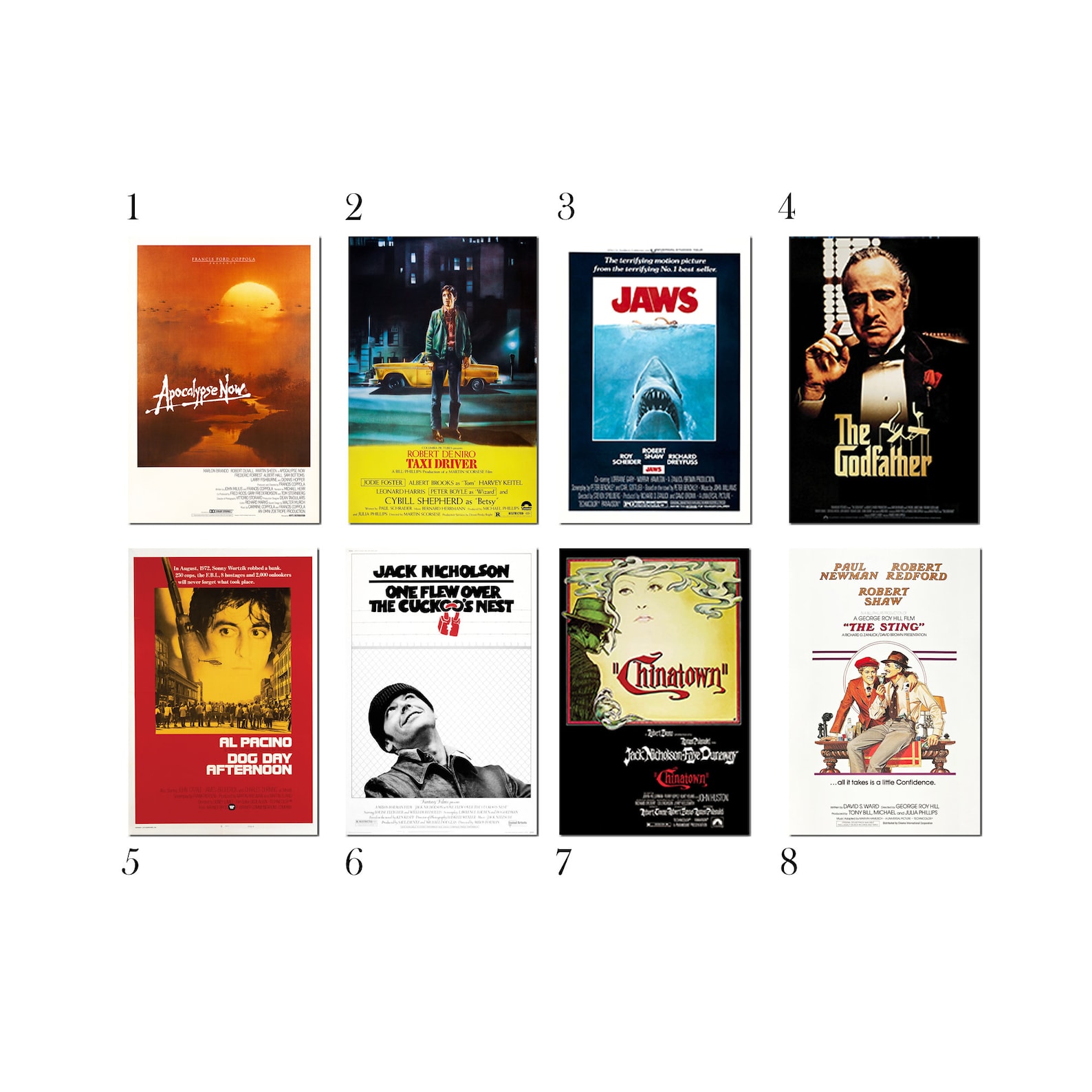 Classic 1970s Drama Movie Posters on Eight Different Choices