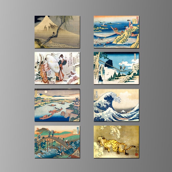 Katsushika Hokusai Artworks on Refrigerator Magnets. Ukiyo-e. Edo Period. Japan. Poems, Landscapes. Eight Different Choices. (Set Nº 1)
