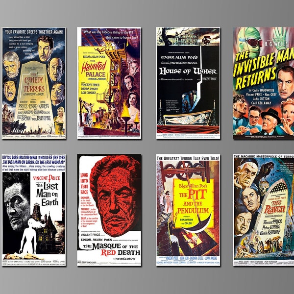 Classic Vintage Horror Movie Posters on Magnets. Thriller, Mystery, Vincent Price, Edgar Allan Poe. Eight Different Choices. (Set Nº 8)