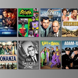 Serie TV americane retrò degli anni '60, immagini su magneti da frigorifero. Televisione vintage anni '60. Otto serie diverse (Set 3)