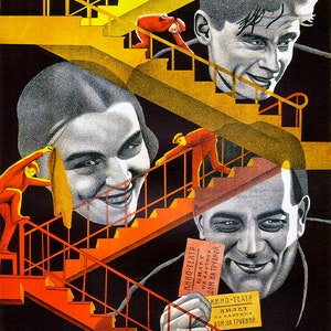 May include: A vintage movie poster for the film "Dom na Trubnoy" (House on Trubnaya Street) featuring a black and white image of three people smiling and a staircase. The poster is in Russian and features the text "Mezhrabpom-Film" and "Kino-Teatr" (Cinema Theater).