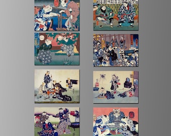 Obras de arte de Utagawa Kuniyoshi en imanes de refrigerador. Ukiyo-e. Período Edo. Japón. Gatos, Fan Art de Bambú. Ocho opciones diferentes. (Conjunto Nº 1)