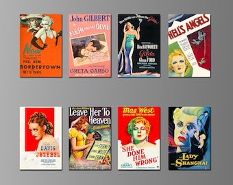 Classic Femme Fatale Movie Posters on Magnets. Bette Davis, Rita Hayworth, Greta Garbo, Jean Harlow, Mae West. Eight Different. (Set Nº 1)