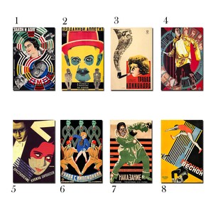 May include: A set of eight vintage-style posters with bold geometric designs and bright colors. The posters feature various scenes and text in Russian, including "The Law and Duty", "Sold Appetite", "The Pipe of the Commune", "Punishment", "Spring", and "With Millions".