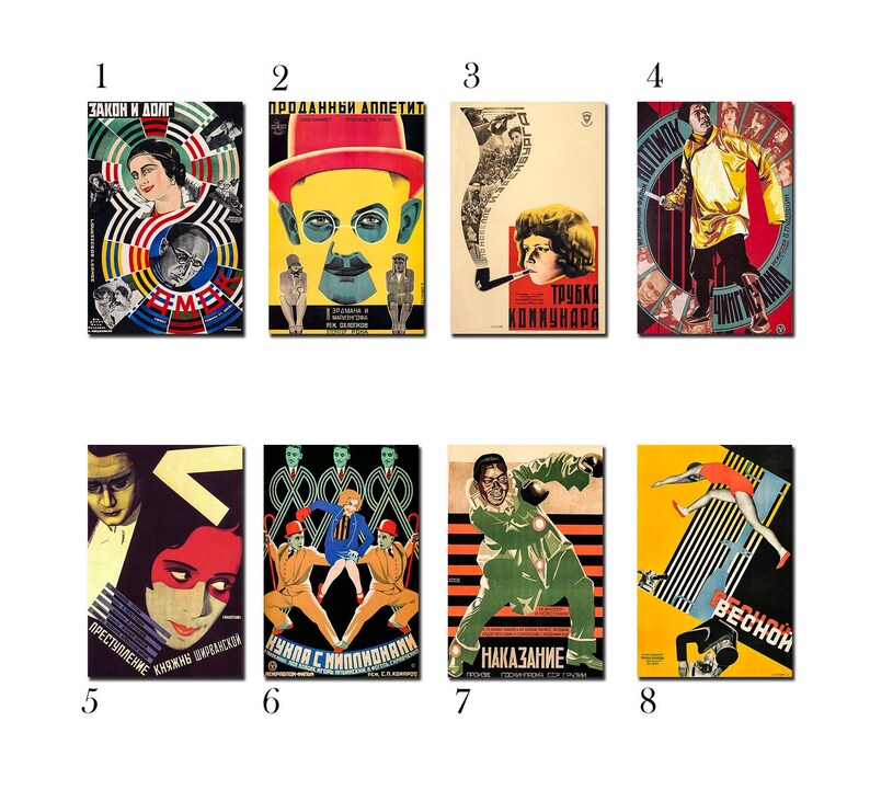 May include: A set of eight vintage-style posters with bold geometric designs and bright colors. The posters feature various scenes and text in Russian, including "The Law and Duty", "Sold Appetite", "The Pipe of the Commune", "Punishment", "Spring", and "With Millions".