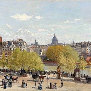 Puede incluir: Una pintura que representa una ciudad con un r&iacute;o en primer plano. El r&iacute;o est&aacute; bordeado de &aacute;rboles y la gente camina por las orillas. En la distancia, se puede ver un gran edificio con una c&uacute;pula. El cielo es azul con nubes blancas.