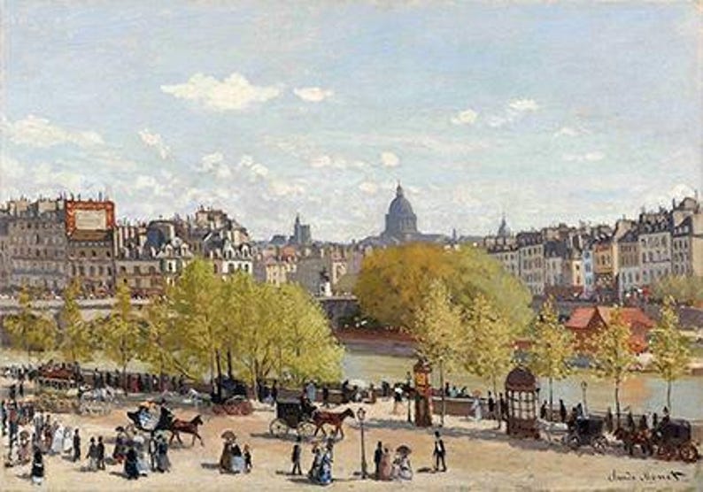 Puede incluir: Una pintura que representa una ciudad con un r&iacute;o en primer plano. El r&iacute;o est&aacute; bordeado de &aacute;rboles y la gente camina por las orillas. En la distancia, se puede ver un gran edificio con una c&uacute;pula. El cielo es azul con nubes blancas.