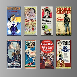 Silent Film Comedy Movie Posters on Magnets. Buster Keaton, Harold LLoyd, Charlie Chaplin, Fatty Arbuckle. 1920s. Eight Choices. (Set Nº 1)