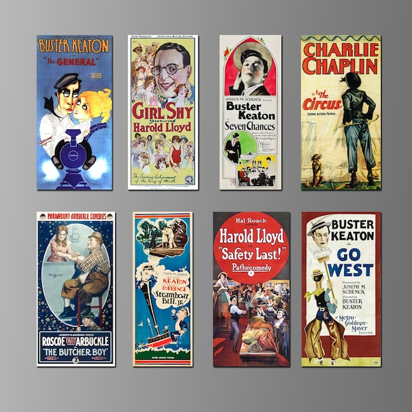 Silent Film Comedy Movie Posters on Magnets. Buster Keaton, Harold LLoyd, Charlie Chaplin, Fatty Arbuckle. 1920s. Eight Choices. (Set Nº 1)