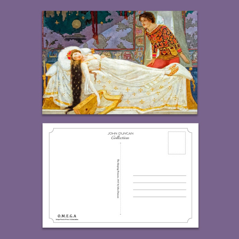 Puede incluir: Una postal vintage con una pintura de una princesa durmiendo en un vestido blanco, acostada en una cama con un arpa. Un hombre con una camisa de estampado rojo y negro se para sobre ella, mir&aacute;ndola. La postal se titula "La Princesa Durmiente, 1913 por John Duncan" y forma parte de la "Colecci&oacute;n John Duncan".