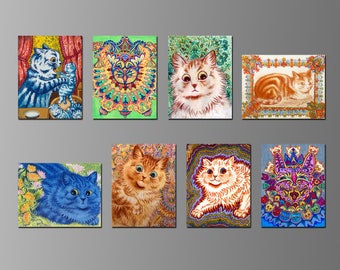 Louis Wain Artworks on Refrigerator Magnets. Cats and Kittens. 2.5 x 3.25 inches.  Eight Different Choices. (Set Nº 2)