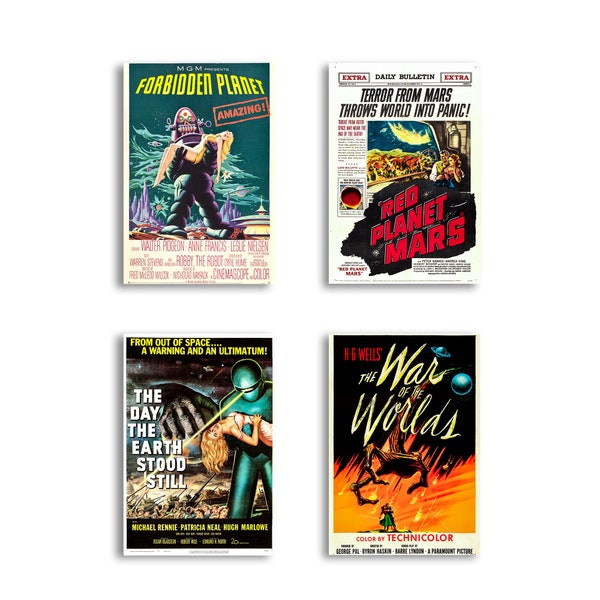 Classic SciFi Movie Large Art Prints, Reproductions, Vintage, Outer Space, Flying Saucers. 13"x19" Wall Decor, 4 Choices (Set Nº 1) No Frame