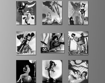 Halloween Pin Ups Vintage Black & White on Magnets. 1930s, 1940s, 1950s. Witches. Eight Different Choices. (Set Nº 3)