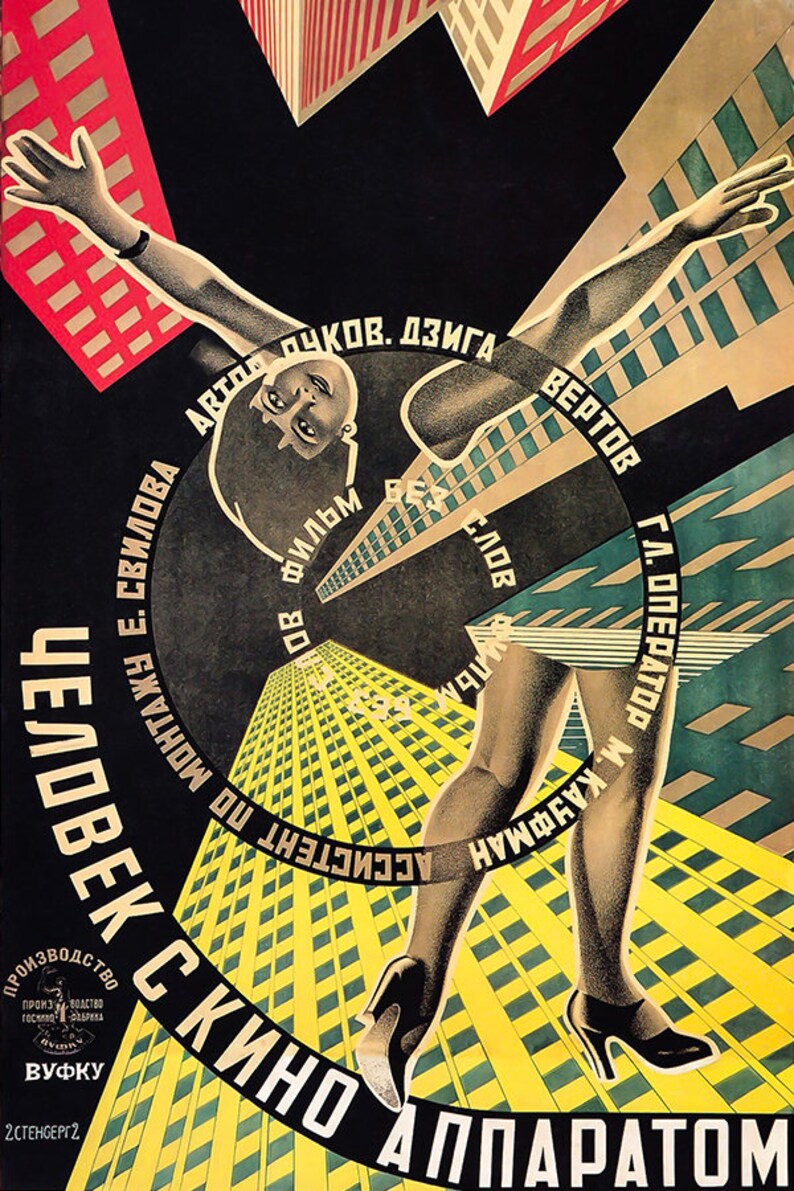 May include: A black and white poster with a woman in a black dress standing in a city. The poster is titled "Man with a Movie Camera" and features the text "Dziga Vertov" and "G.L. Operator".