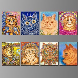Obras de arte de Louis Wain en imanes para refrigeradores. Gatos y gatitos. 2,5 x 3,25 pulgadas. Ocho opciones diferentes. (Conjunto n.º 1)