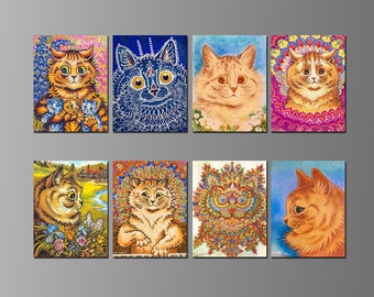 Louis Wain Artworks on Refrigerator Magnets. Cats and Kittens. 2.5 x 3.25 inches.  Eight Different Choices. (Set Nº 1)
