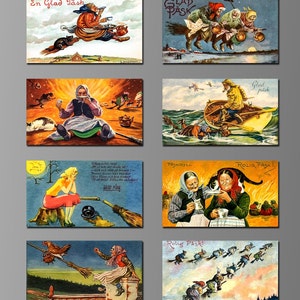 Osterhexen, Vintage schwedische Postkarten. Kühlschrank-Magnete. Folklore aus Schweden und Finnland, Humor. (Set N° 2)