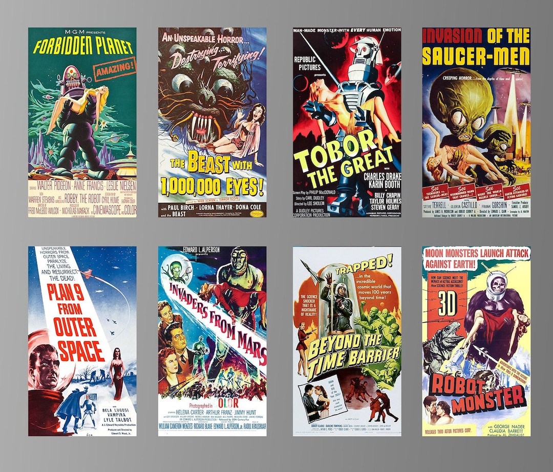 Classic Vintage Sci-fi Horror Movie Posters on Refrigerator Magnets.  Aliens, Outer Space, Robots, Other Planets. (set Nº 3) - Etsy, image size:1080x921
