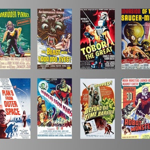 May include: A collection of eight vintage movie posters featuring science fiction and horror themes. The posters are colorful and feature images of spaceships, robots, monsters, and aliens. The titles of the movies include "Forbidden Planet", "The Beast with 1,000,000 Eyes", "Tobor the Great", "Invasion of the Saucer-Men", "Plan 9 from Outer Space", "Invaders from Mars", "Beyond the Time Barrier", and "Robot Monster".