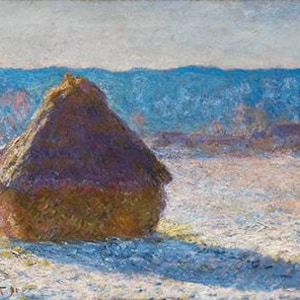 Puede incluir: Una sola pila de heno se encuentra en un campo cubierto de nieve. La pila de heno es marr&oacute;n y tiene una parte superior redondeada. El fondo es de color gris azulado y muestra una l&iacute;nea de &aacute;rboles en la distancia.