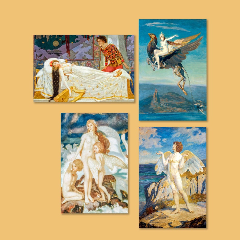 Puede incluir: Cuatro pinturas que representan escenas de la mitolog&iacute;a. La primera muestra a una mujer durmiendo en una cama blanca, la segunda muestra a una mujer con un cisne, la tercera muestra a una mujer con alas y la cuarta muestra a una mujer montando una criatura alada.