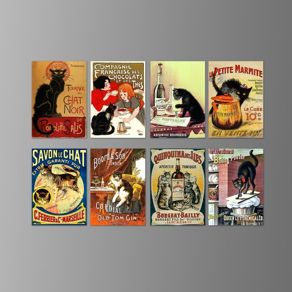 Vintage Advertisements on Magnets. Cats. Art Nouveau, Belle Époque, Victorian, 19th Century, French, UK, US.  Eight Different. (Set Nº 1)