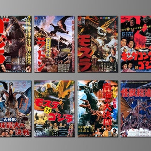 Poster di film classici giapponesi sui mostri su magneti. Versioni in lingua giapponese. (Set n. 2) Godzilla, Rodan, Mothra, Ebirah, Ghidrah
