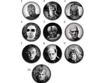 Classic Vintage Horror Film Characters. Black & White.  Metal Pin Back Buttons. 1&quot; (25mm) or 1.5&quot; (37mm). Ten Different Choices. (Set Nº 2)