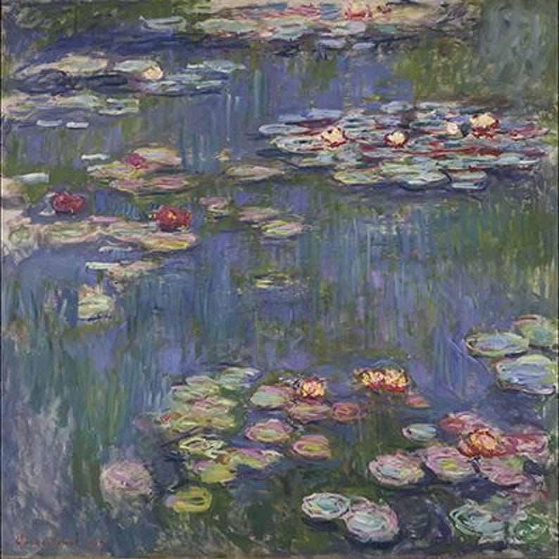 Puede incluir: Una pintura de un estanque con nen&uacute;fares. El agua es de color azul claro y los nen&uacute;fares son de color rosa, blanco y amarillo. Las hojas de los nen&uacute;fares son verdes y algunas est&aacute;n parcialmente sumergidas en el agua.