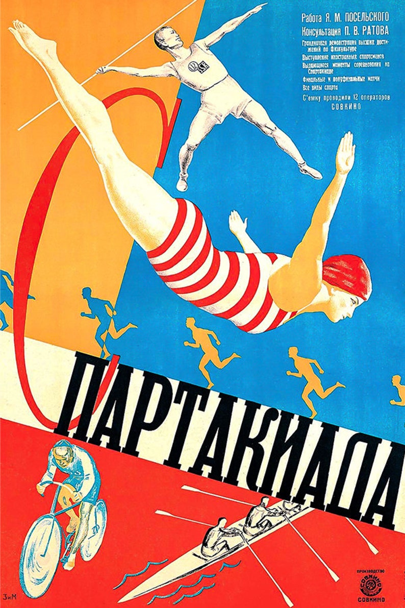 May include: A vintage poster advertising a sports event called "PARTAKIADA" with a red, white, and blue color scheme. The poster features a woman diving into a pool, a man throwing a javelin, and other athletes running and rowing.