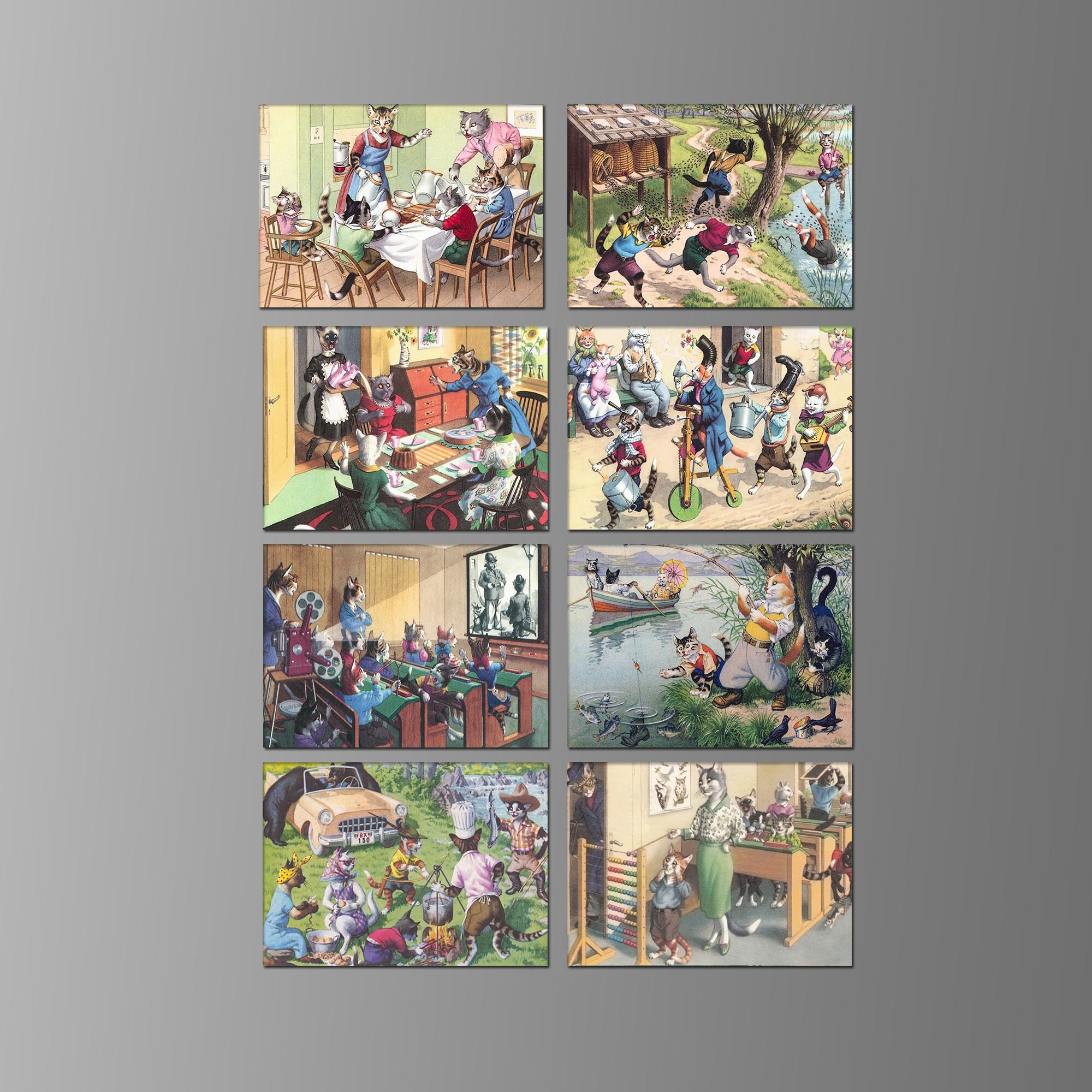 Gatos de Mainz, del artista Eugen Hartung, en imanes para refrigerador. Ocho opciones diferentes. (Set n.º 4)